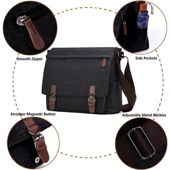 Canvas MessengerBag for Men Women,Travel Satchel Shoulderbag 15.6Inch Laptop Bag - Picture 6 of 7